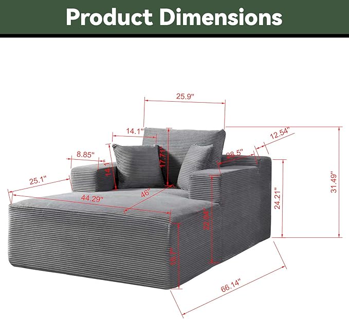 66 Oversized Chaise Lounge Chair Indoor Corduroy Upholstered Sofa Bed with Pocket Springs&ampHigh-Density Foam Deep Seat Sleeper Couch with 3 Pillows No Assembly for Living Room (Beige)