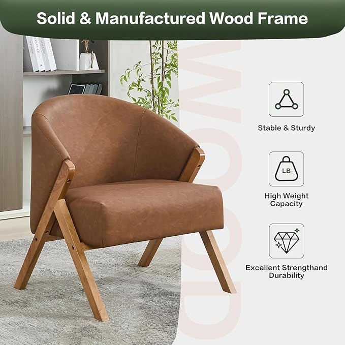 PU Leather Mid-Century Modern Accent Chair with Wooden Legs Comfortable Upholstered Reading and Leisure Chair for Living Room Bedroom and Waiting Room-Brown