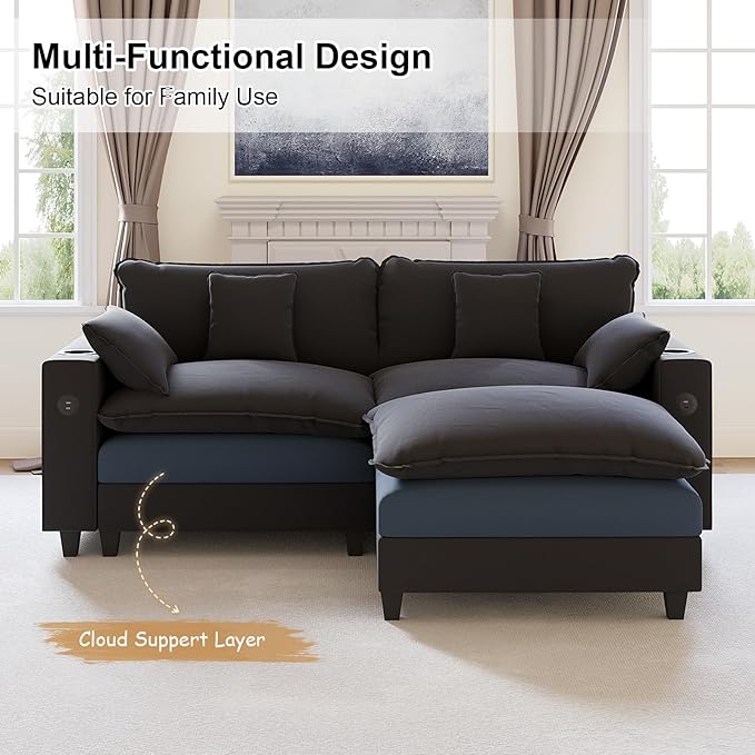 80.7 Modular Sectional Sofa L Shaped Cloud Couch with Movable Ottoman Chenille Deep Seat Cloud Sofa with Charging Station Cup Holder Side Pocket Sectional Couches for Living Room Black