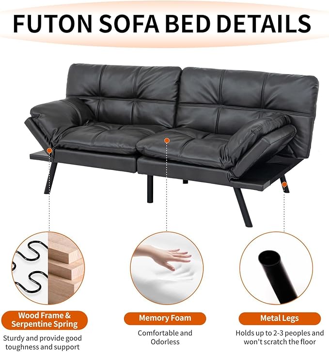 MUUEGM Futon Sofa Bed Convertible Futon Couch Bed Memory Foam Sofa SleeperAdjustable Armrest&ampBackrest Full Size Lounge Couch for Office Apartment Living RoomMatte Black