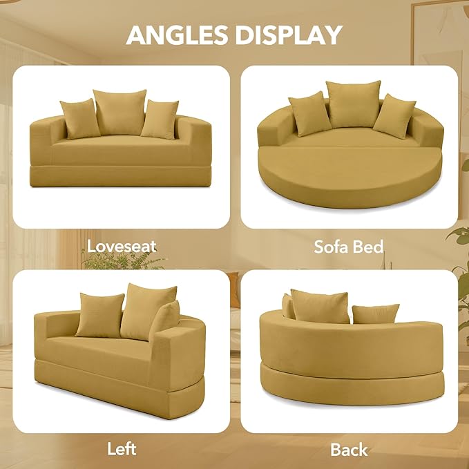 Round Boneless Couch Corduroy Upholstered Folding Convertible Sofa Bed with Pillows 2-in-1 Futon Sofa Bed with Half-Circle Design Comfy Loveseat for Living Room Apartment (Yellow)