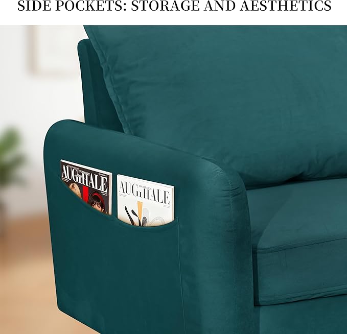 56.1 Round Arm Velvet Loveseat with Side Pockets and a Square Pillow (Dark Cyan) | Side Storage Pockets Pillow Included