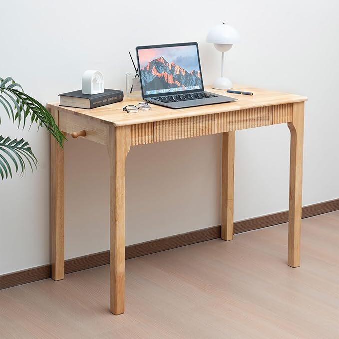 39.4'' Solid Wood Desk with Drawers Mid Century Modern Home Office Desk Vintage Wooden Writing Desk with Storage and Hooks Dark Wood Computer Table for Bedroom Study (Natural)
