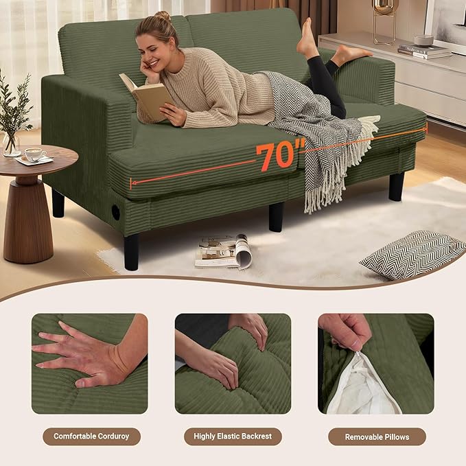 Loveseat Sofa Couches for Living Room 70 Love Seat Sleeper Sofa with USB Upgrade Upholstered 2-Seater Deep Seat Couch Corduroy Small Couch for Bedroom Apartment Office (Light Green)