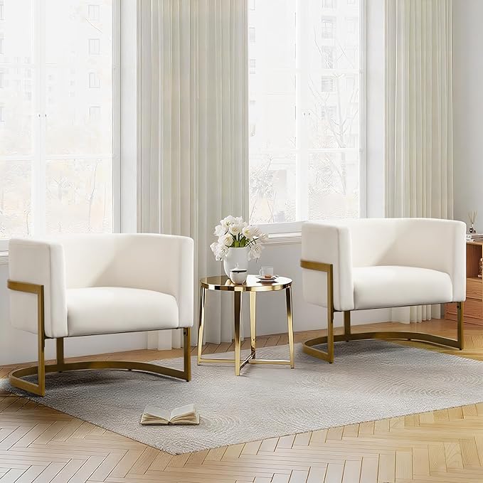Modern Off-White Accent Chair Velvet Barrel Chair Padded Seat Upholstered Comfy Armchair for Reading/Living Room/Bedroom/Club Side Chairs with Luxury Gold Frame