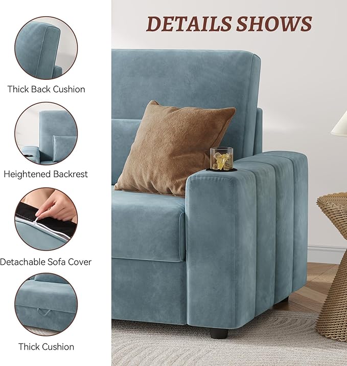 Loveseat Sofa Larger Couch Velvet Fabric with Storage Charging Ports Heightened Backrests Removable Cover Modern Comfy Couches Easy Assembly for Living Room 88 Inch Blue