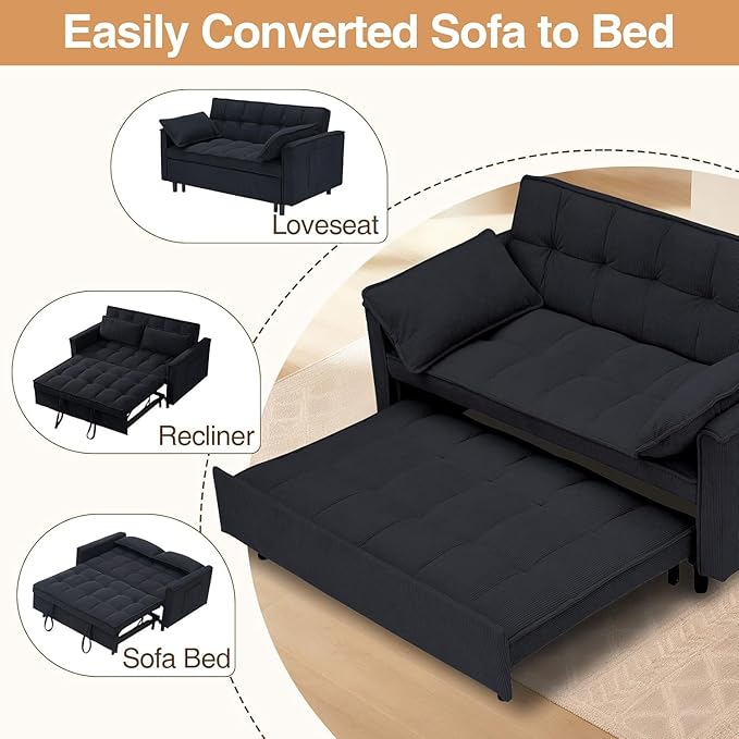 3 In 1 Corduroy Convertible Sofa BedPull Out Couch Bed with Reclining Backrest And 2 Pillows 54 Full Size Loveseat Sleeper Sofa Futon Couch Bed Couches For Small Spaces Living Room (Dark Grey)