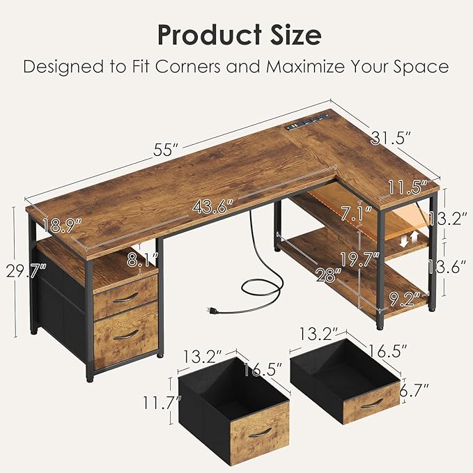 AODK 55 inch L Shaped Computer Desk with Drawers Reversible Computer Desk with Storage Shelves Home Office Desk with Built-in Power Outlet Rustic Brown