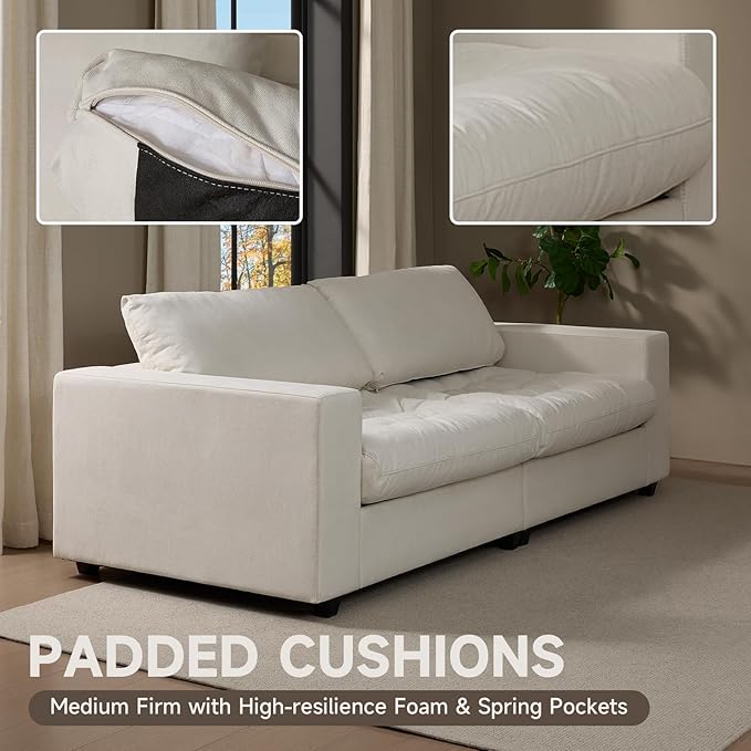 87'' Sofa Couch with Hidden Storage Space Modern Sofa for Living Room Comfy Upholstered 2-Seater Large Couch with Extra Deep Seat for Apartment White