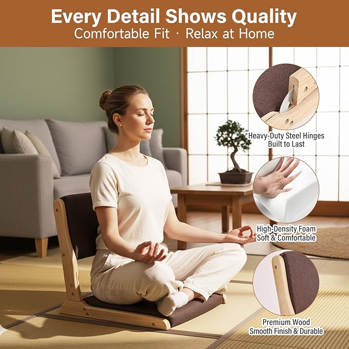 Tiita Foldable Tatami Chair Japanese Floor Chair Wood Legless Back Rest Chairs with Cushion Accent Meditation Floor Chairs Bay Window Wood Brown