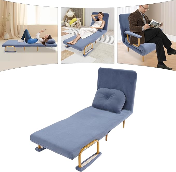 Sleep Chair Bed Convertible Sleeper Chairs for Adults 5-Position Recliner &amp 286lbs Capacity Blue Folding Sofa Bed with Adjustable Backrest &amp Pillow for Small Space Office