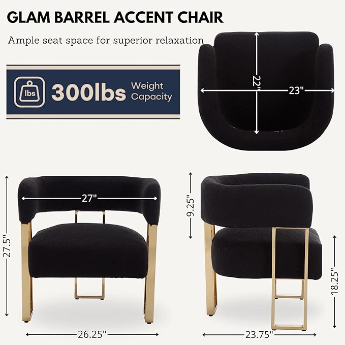 Barrel Accent Chairs Set of 2 Comfy Sherpa Upholstered Armchairs for Living Room with Semi-Open Back Reading Accent Chairs with Gold Metal Legs for Bedroom Vanity Reception Black