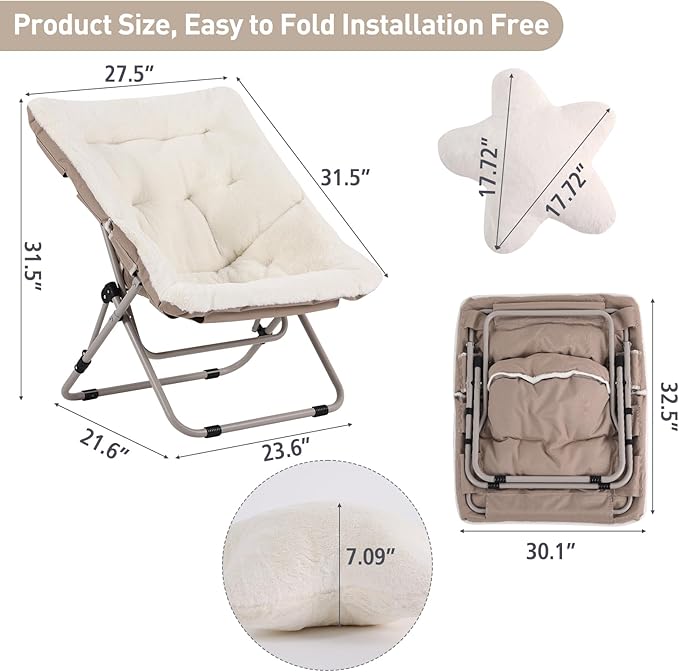 Welnow Comfy Saucer Chair Oversized Folding Reading Chair for Adults with Throw Pillow Soft Faux Fur Lounge Chair for Bedroom Furry Accent Chair for Living Room Dorm Rooms Beige