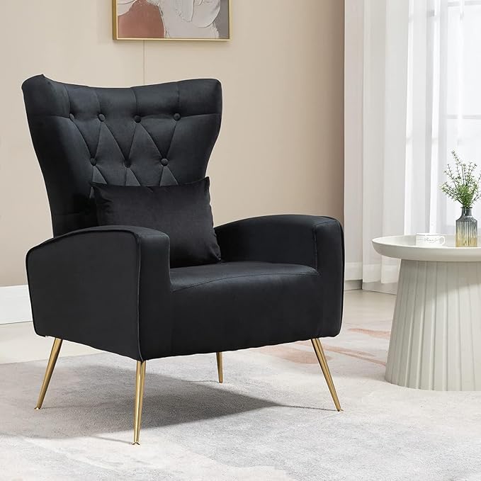 X-VOLSPORT Button-Tufted Velvet Accent Chair Mid Century Modern Living Room Chair with High Wingback Upholstered Arm Chair with Metal Gold Legs for Bedroom Club Black