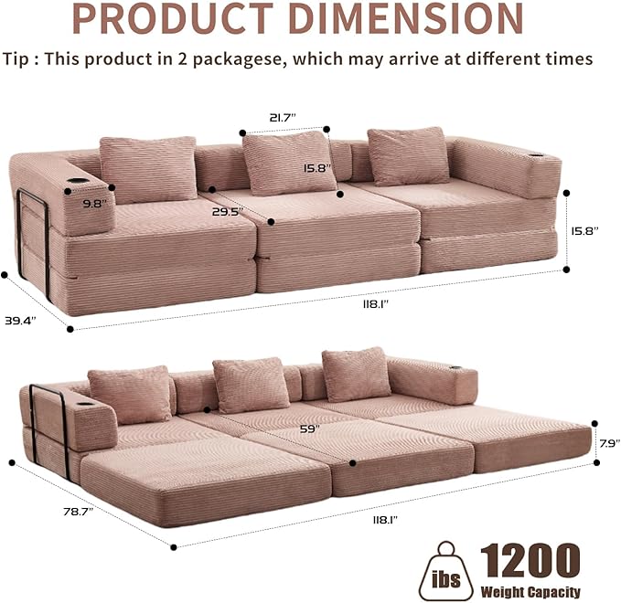 118 Oversized Sectional Couches Convertible Floor Sofa Bed with Cup Holder Boneless Foldable Mattress Cloud Couch with Pillow Back &amp Armrest for Living Room Bedroom Lounge(Corduroy Pink)