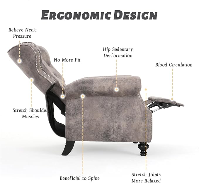 Push Back Recliner Chair Mid Century Wingback Recliner Accent Chair with Rivet Decoration Fabric Push Back Single Sofa for Living Room Adjustable Backrest (Brown Gray)
