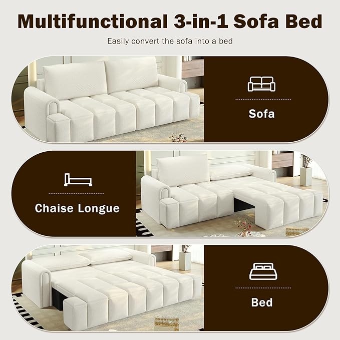 3-in-1 Convertible Sleeper Sofa Bed King Size Pull Out Sofa Bed with Hidden Seat Storage 90 Comfy Teddy Fabric 4-Seater Couch for Living Room Office Apartment (White)