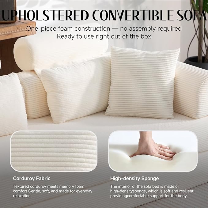 Upgrade Sofa Bed Convertible Boneless Couch for Small Spaces with High Backrest Design Fixed-Shape Frame &amp Removable Armrests and Backrest 2 Corduroy Pillow No Assembly Beige