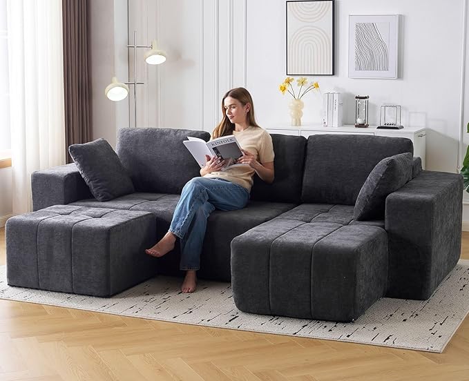105 Cloud Modular Sectional CouchChenille Boneless Couches with Deep SeatUpholstered U-Shape Sofa with Chaise Sectional Couch with Ottoman No Assembly Required (Grey Right Facing Chaise)