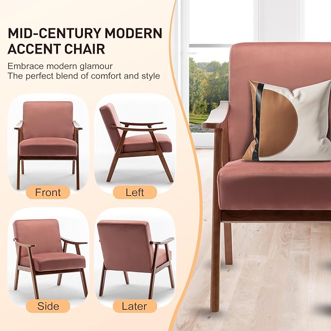 Mid Century Modern Accent Chair with Wood Frame Upholstered Living Room Chairs with Waist Cushion Reading Armchair for Bedroom Sunroom Lounge Chair Indoor Office Family (Pink)