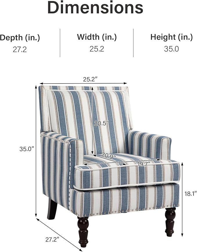 Vintage Upholstered Mid Century Accent Armchair with Solid Wood Frame &amp Plush Cushion for Living Room Bedroom Office - Navy &amp Ivory Stripes
