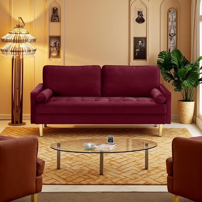 65'’ Velvet Upholstered Loveseat Sofa with Gold Metal Legs Modern Tufted Backrest Couch Solid Wood Frame for Living Room BedroomApartmentOfficeSmall Space (Red)