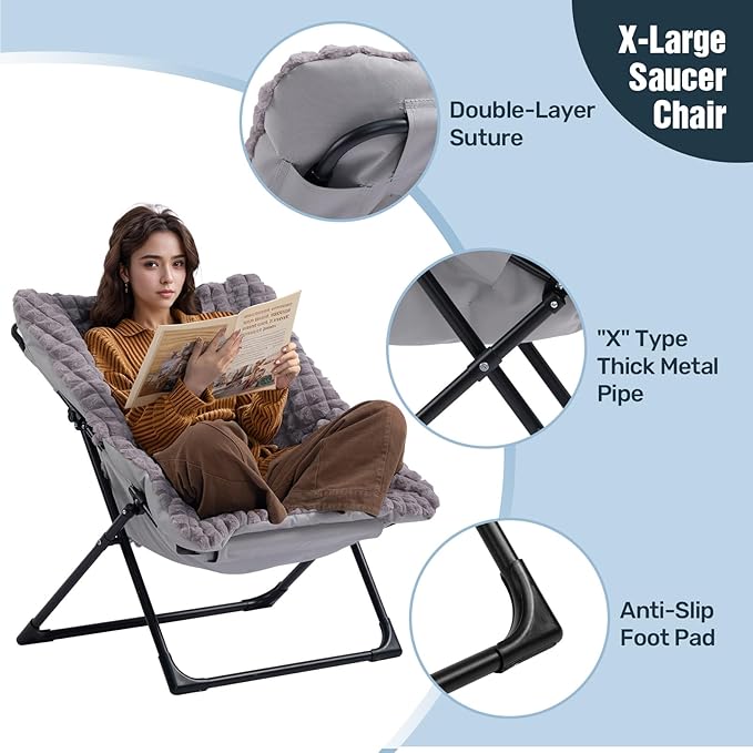 HollyHOME X-Large Saucer Chair Comfy Oversized Folding Chair Faux-Fur Reading Chair for Teens Adults Foldable Accent Lazy Chair Metal Lounge Chair for Living Room Bedroom Dorm Grid Blue&ampGr