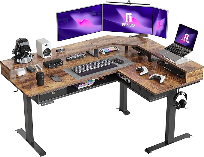 FEZIBO L Shaped Standing Desk with LED Strip &amp 2 Drawers Triple Motors Supports 330 lbs Upper and Lower Storage Shelves Available Electric Height Adjustable for Home Office Rustic Brown