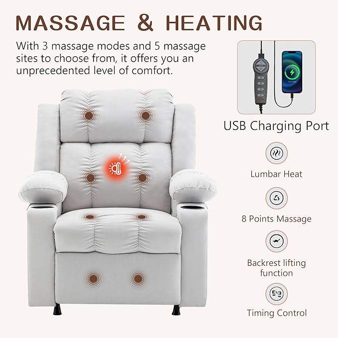 HAOBO Home Recliner Chair with Heat and Massage Recliner Sofa Chair for Adults Recliners Home Theater Seating Reclining Sofa Chair Oversized Reclining Single Sofa Seat for Living Room