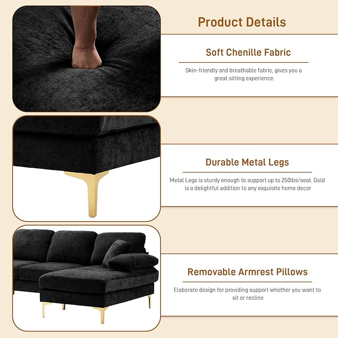 OUYESSIR 112 Cloud Sectional Sofa with Extra Deep SeatU Shaped Sectional Couches for Living Room4 Seater Chenille Sofas &amp CouchesModern Apartment Couch with Double Chaise Lounge Black