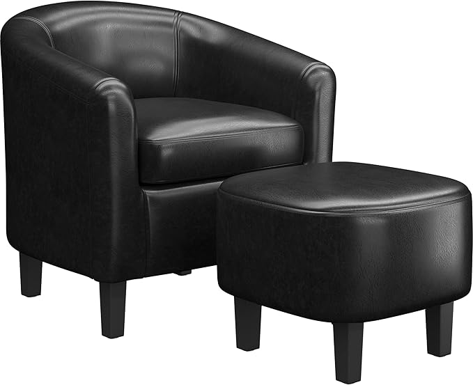 Yaheetech Accent Chair with Ottoman Set Modern Faux Leather Upholstered Soft Barrel Chair and Footrest Club Armchair and Footstool for Living Room/Bedroom/Reading Room/Guest Room Black