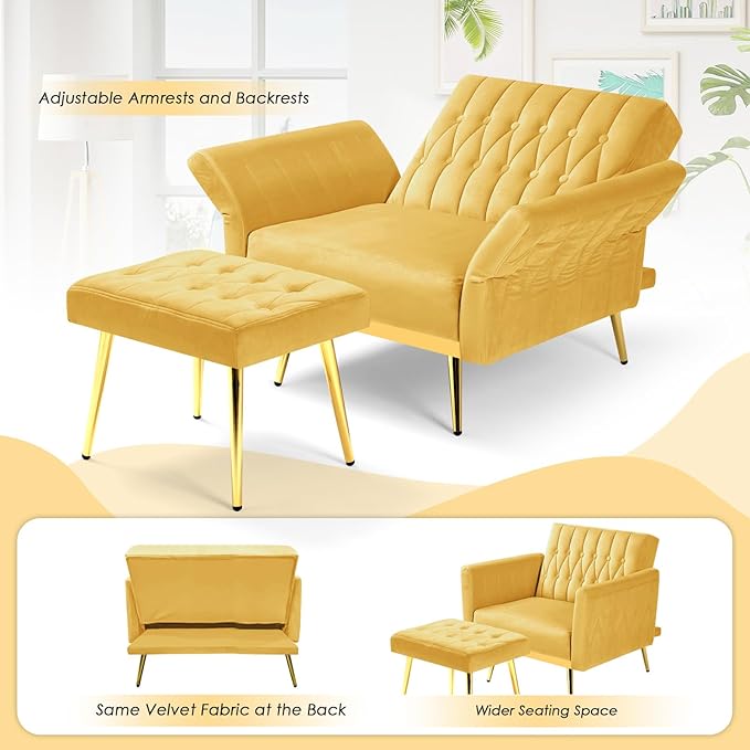Velvet Accent Chair with Adjustable Backrest and Armrests Single Recliner Armchair with Ottoman and Golden Mental Legs for Living Room Bedroom and Waiting Room Yellow