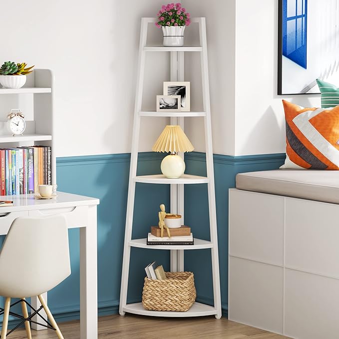 LITTLE TREE 5 Tier Tall Corner Shelf 70 Inch Corner Bookshelf Bookcase for Small Space