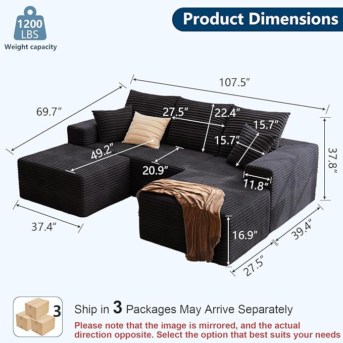 107.5 W Modular Sectional Sofa with OttomanModern Corduroy U-Shaped Cloud Couch with PillowsComfy 3-Seater Sofa with Deep-Seat for Living Room No Assembly Required (Black Right-Facing Chaise)