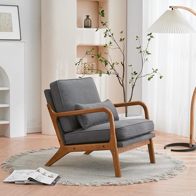 VINGLI Cozy Living Room Chairs Linen Dark Gray Accent Chairs Set of 2 Wood Lounge Chairs for Bedroom Comfy Mid Century Modern Armchair Upholstered Reading Side Chairs for Small Sp