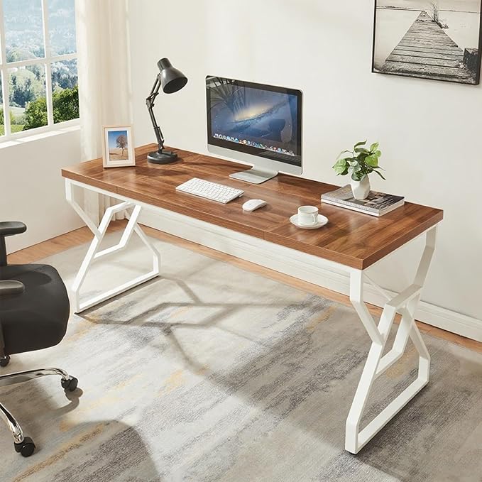 HOMISSUE 63-inch Executive Desk Large Writing Desk with Engineered Wood Tabletop and Metal Frame Rustic Home Office Desks with Sturdy Structure Long Computer Desks for Home Office Study RoomWhite