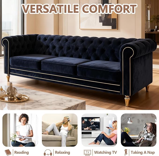 84 Velvet Sofa with Gold Legs Luxury Tufted Couch for Living Room Chesterfield Sofa with Thick Cushion Wide Armrest High-Density Foam Gold Strip Trim (Black)
