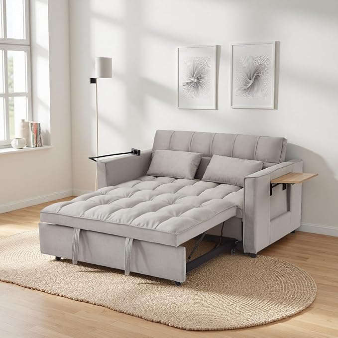 Loveseat Sleeper Sofa 3 in 1 Convertible Sofa Bed Adjustable Backrest Comfy Pull Out Couch Modern Upholstered Sofa for Living Room Bedroom Apartment Small Space (Grey with Side Table)