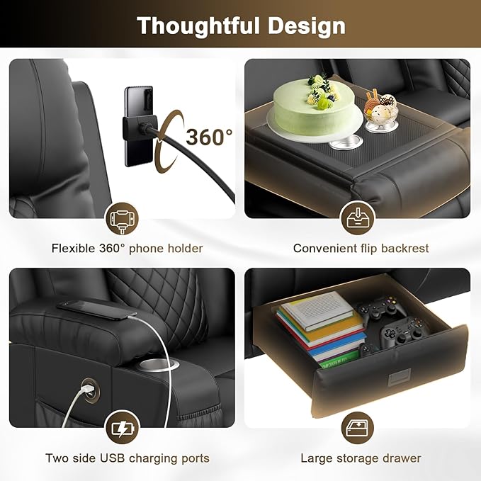 YONISEE 3 Seat Recliner Sofa with Flip Backrest Design Loveseat Reclining Sofa with Storage Console Drawer USB Ports 2 Cell Phone Holder Loveseat Recliner Couch for Living Room
