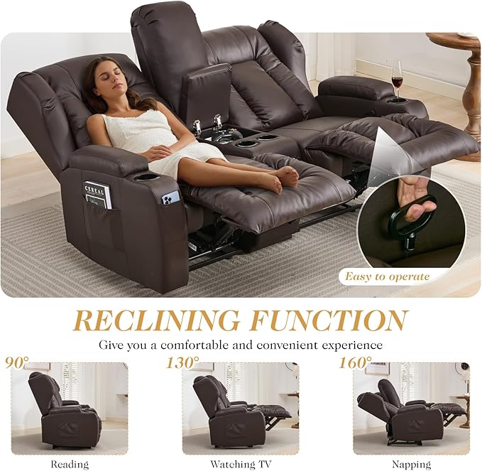 Loveseat Recliner SofaRV Wall Hugger Recliners for Small SpacesReclining Loveseat Sofa Recliner with Cup Holders/Lumbar PillowsRV Furniture (Brown Loveseat with Console)