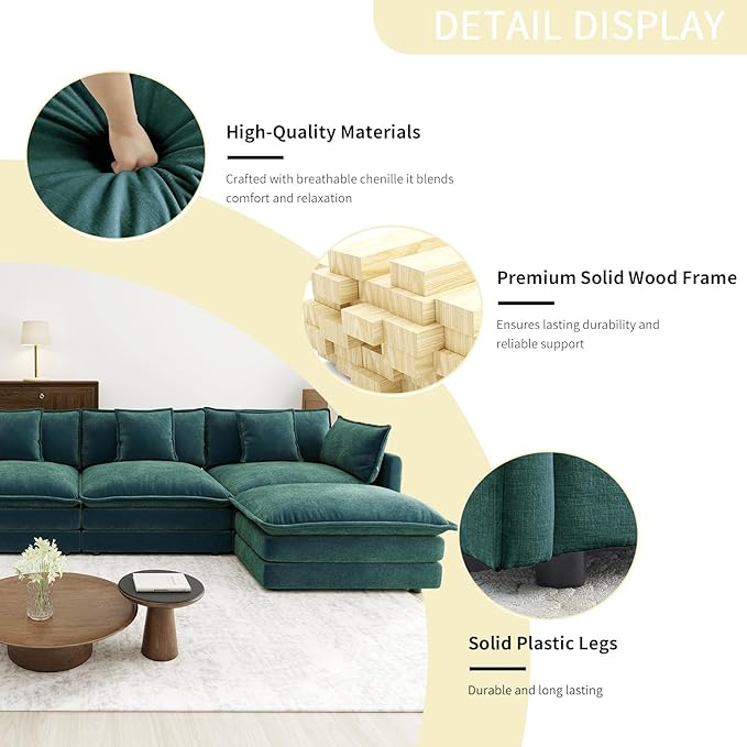 Green Oversized Single Cloud Sofa Couch Modern Accent Large Sectional Couches for Living Room Chenille Fabric Modular Sectional Sofa Deep Seat Home Sofas Set Sofá para Sala