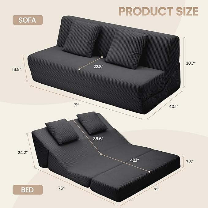Folding Sofa Bed Convertible Sleeper Chair with Pillows High Support Memory Foam &amp Soft Corduroy Fbric Comfy Couch Bed Floor Loveseat Couch for Living Room Apartment Guest RoomBlack