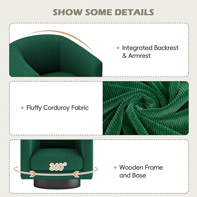 360° Swivel Accent Chairs Modern Bucket Chair Corduroy Barrel Armchair Comfy Boucle Chair Single Sofa for Living Room Bedroom. Green