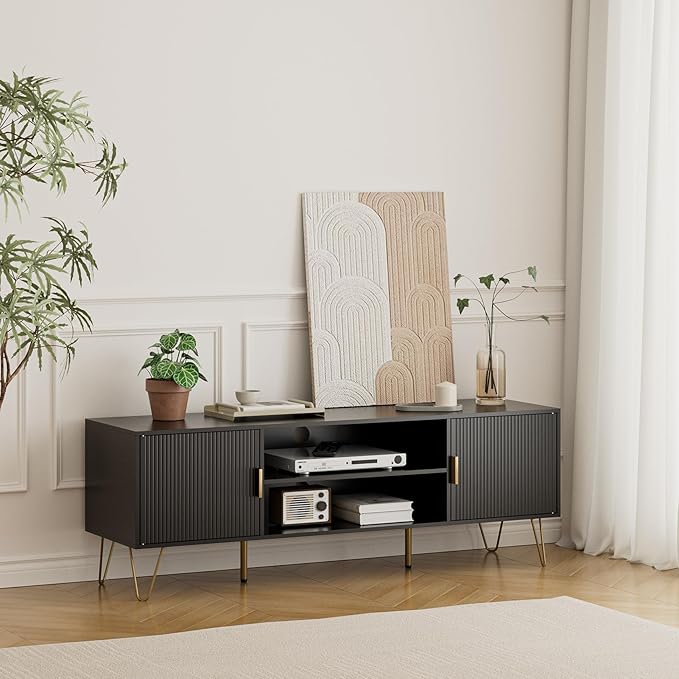 TV Stand for 55-65 inch TV Entertainment Center with Soft Hinge DoorTV Console Table with 2 Cabinets with Gold Handle and Feetfor Living Room Bedroom Black