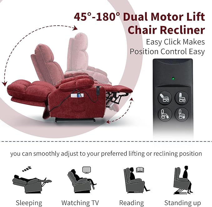 Large Power Lift Recliner Chair with Massage and Heat for Elderly Big and Tall People Dual Motor 180° Lay Flat Overstuffed Wide Velvet Lift Recliners with 2 Cup Holders Side Pocket