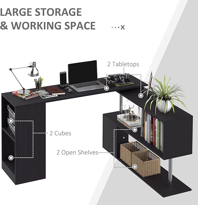 HOMCOM 55 360° Rotating Corner Computer Desk Modern L-Shaped Home Office Workstation with 3-Tier Storage Shelves Bookshelf Black