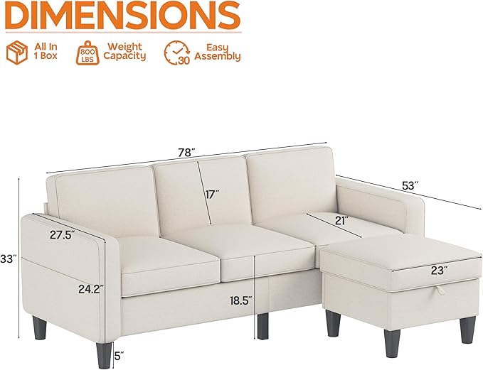 Sectional and Sofa Couches for Living Room Living Room Furniture 3 Seats Sofas with Movable Storage Function Ottoman Small Sofas for Bedroom Apartment or Office