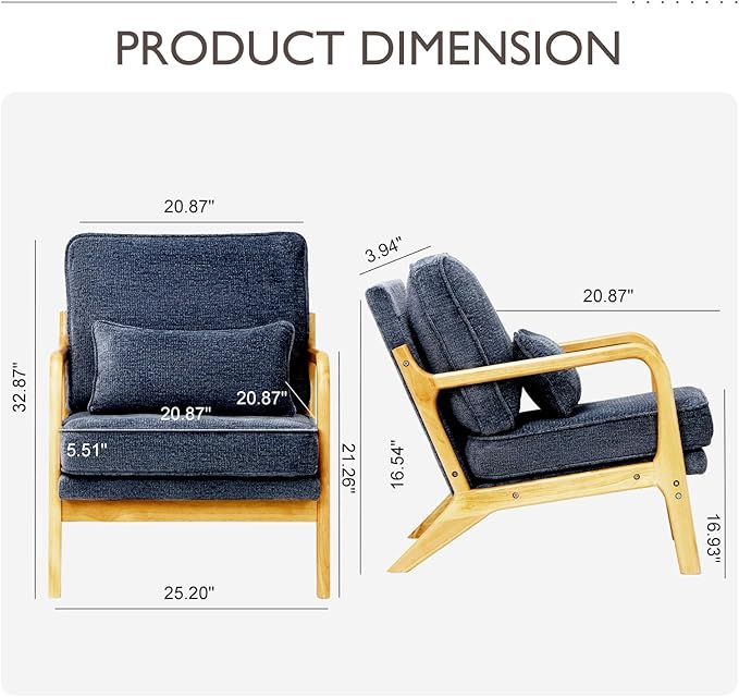 Mid-Century Accent Chair Set of 2 with Solid Wood Frame Reading Relaxing Armchair Lumbar Pillow&amp Soft Cushion Leisure Chair for Living Room Bedroom Waiting Room-Blue