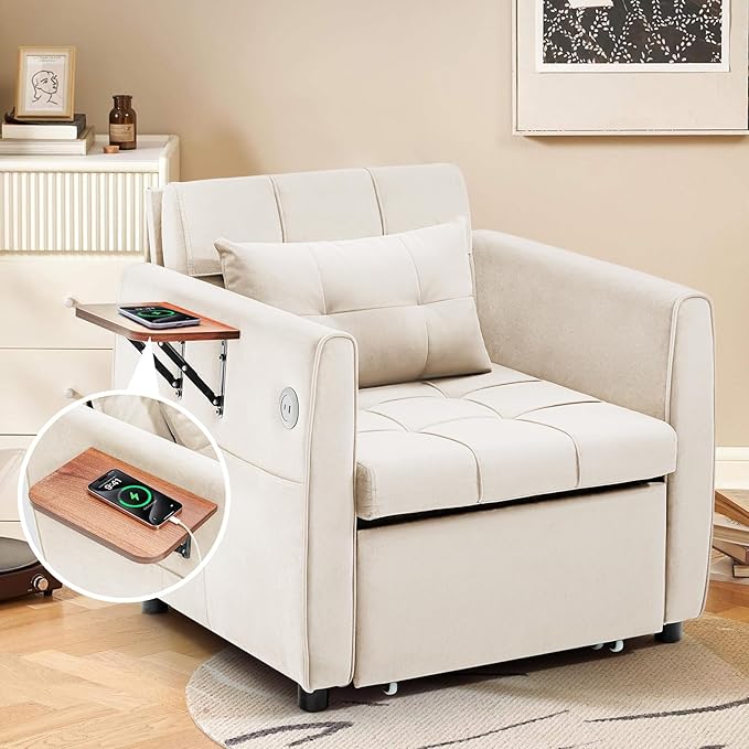 Convertible Sleeper Chair 4 in 1 Pull Out Chair Bed for Adults with Wing Table USB Charging &amp Bottom Storage Space-Saving 90 Single Sofa Bed Chairs for Living Room Dark Gray