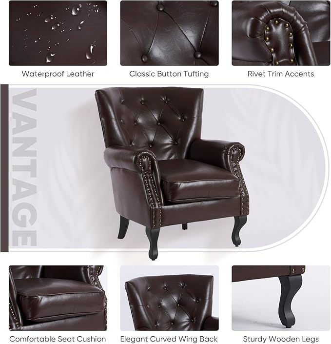 MOJAY PU Leather Accent Chair Mid-Century Modern Armchair Living Room Club Chair with Tufted Button &amp Rivet Trim Upholstered Sofa Chair with Sturdy Wood Legs for Bedroom (Caramel)